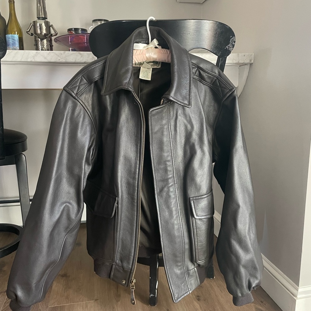 L.L. Bean Men's Military Style Leather Jacket - Dark Brown No